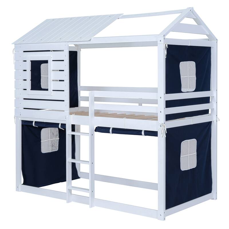 Bunk Wood House Bed with Tent