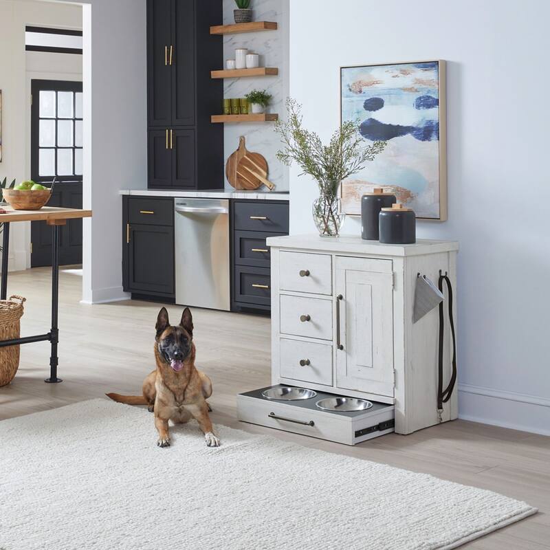 Modern Farmhouse Pet Feeder with Storage, Pull Out Drawers - 2 Finish Options - Flea Market White