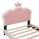 preview thumbnail 26 of 37, Twin Upholstered Platform Bed with Crown-Shaped Headboard, Pink & White Princess Design, Sturdy PU Leather Frame