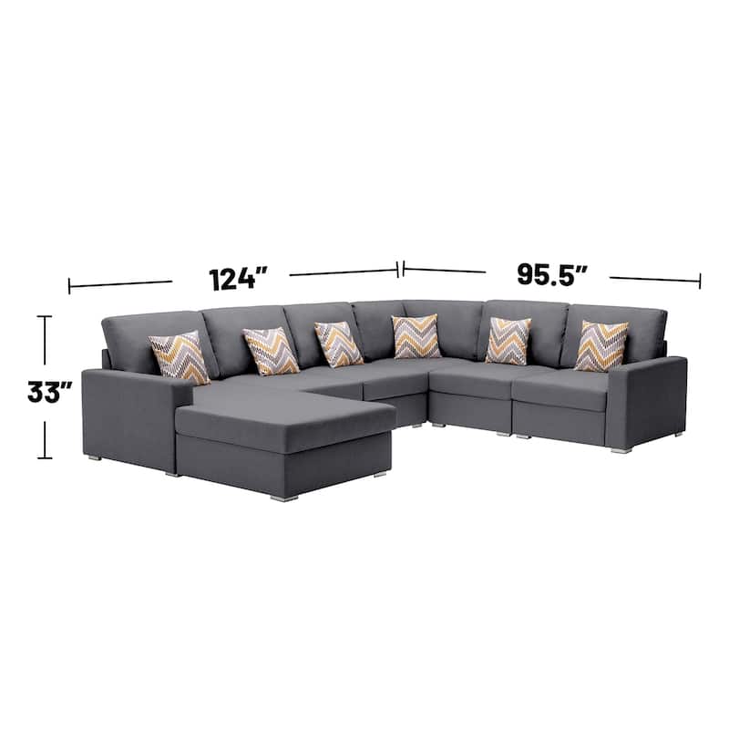 Linen Fabric 6 Piece Reversible Chaise Sectional Sofa with 6 Pillows and Interchangeable Legs