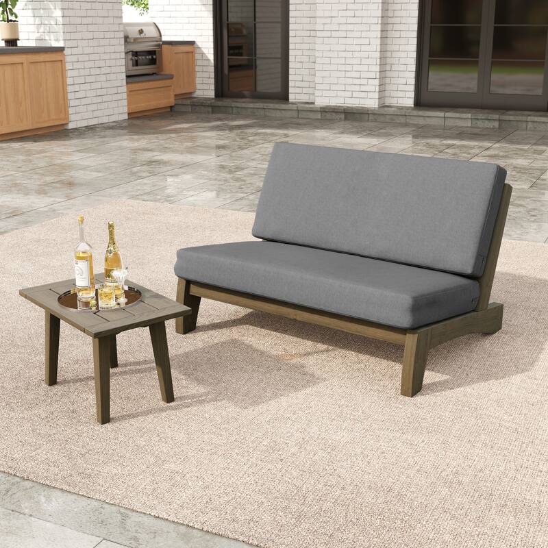 2-Piece Outdoor Teak Wood Loveseat Patio Set with Side Table