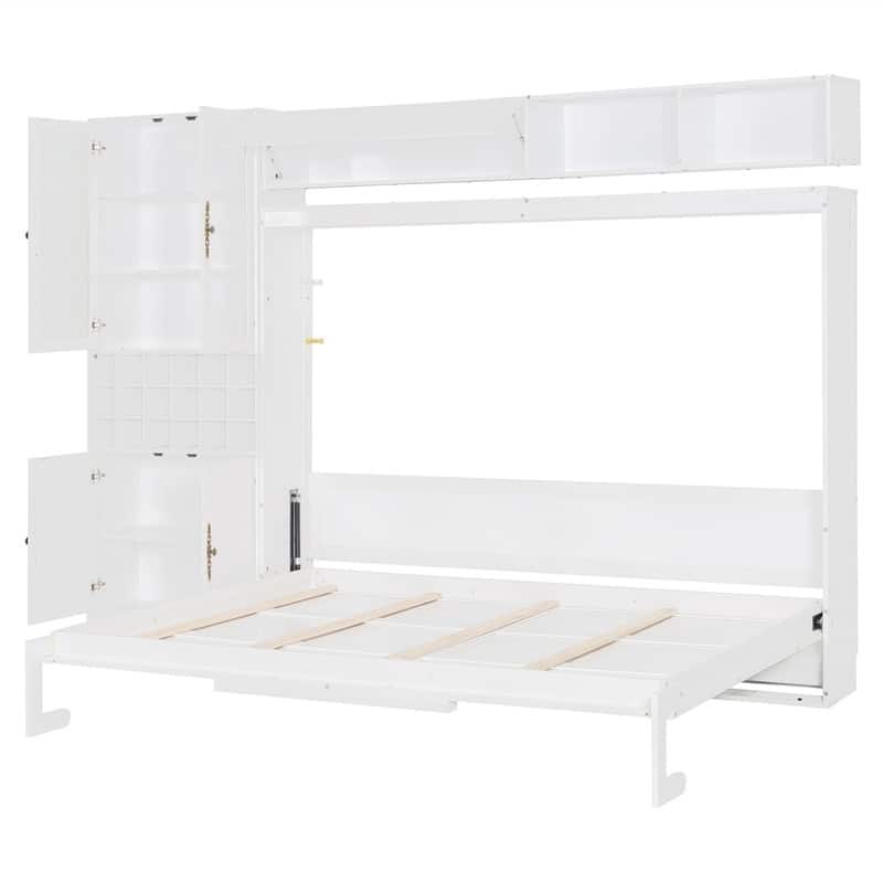 Full/Queen Size Murphy Bed Wall Bed with Sofa, Light and USB Charging, Foldable Murphy Cabinet Bed w/ Storage Shelves & Cabinets