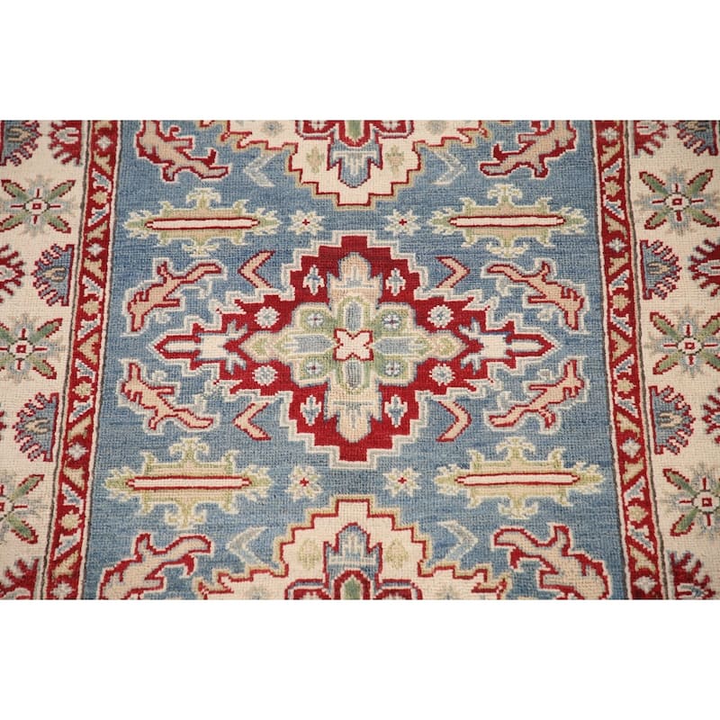 Blue Geometric Kazak Oriental Accent Rug Handmade Wool Carpet - 3'4"x 5'0"