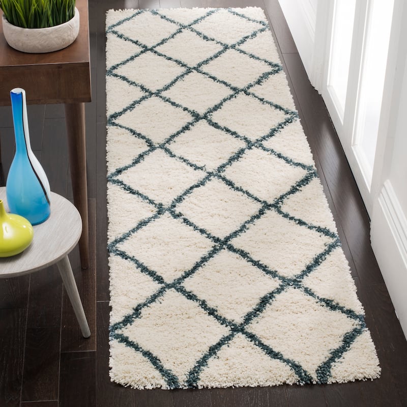 SAFAVIEH Hudson Shag Estella Diamond Trellis 2-inch Thick Rug - 2'3" x 8' Runner - Ivory/Slate Blue