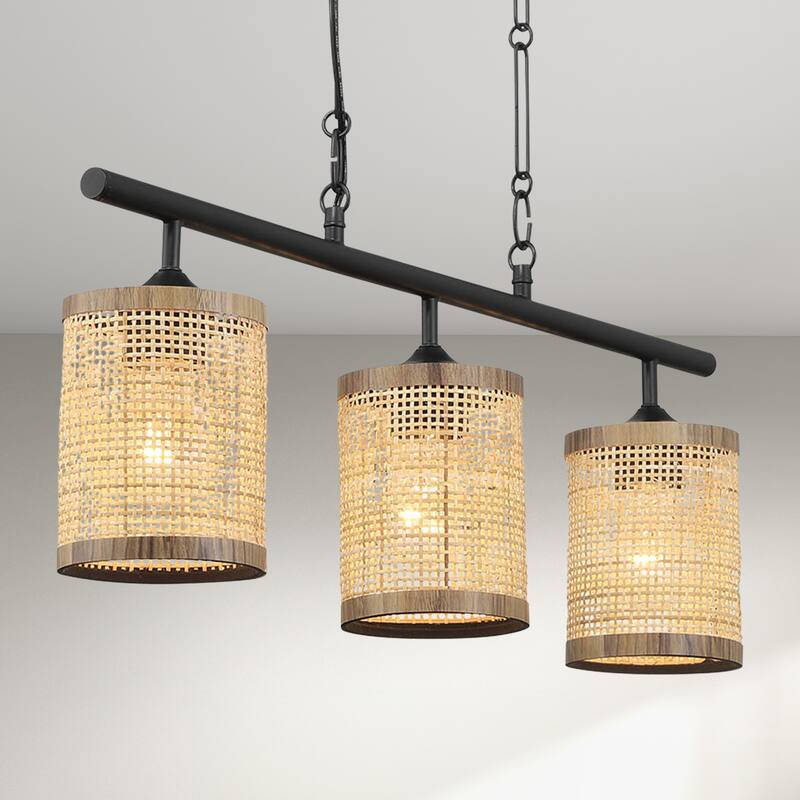 Sian Three-Light Island Pendant Lamp, Natural Rattan Shade - Black