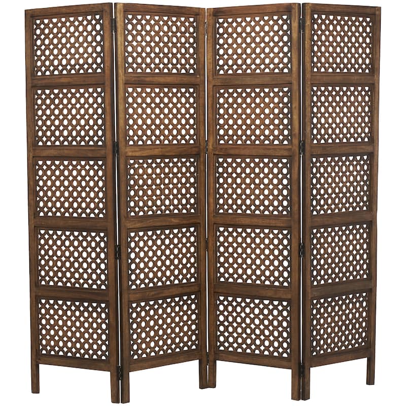 Wooden Floral Handmade Hinged Foldable 4 Panel Room Divider Screen with Intricately Carved Designs - Brown - Roche River Decor