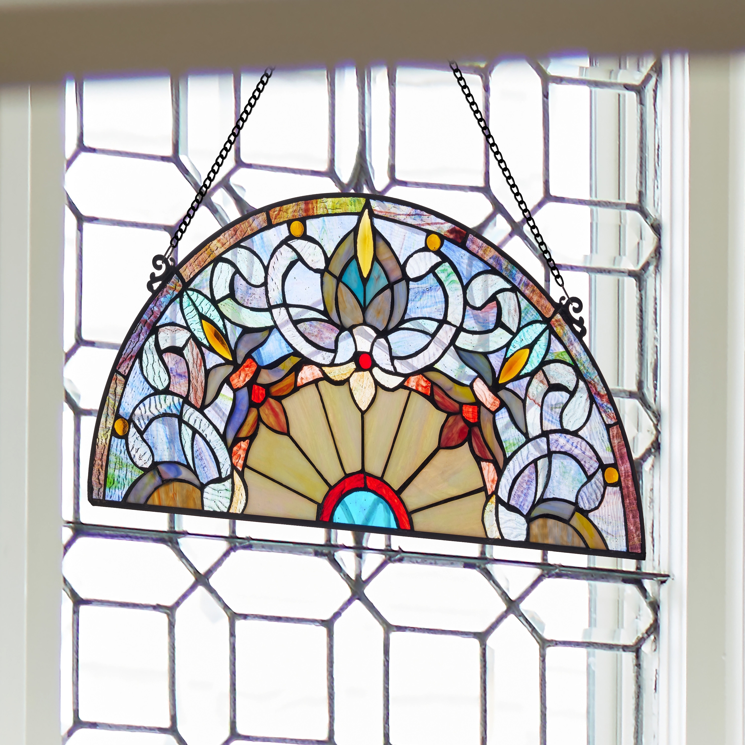 River of Goods Victorian Corista Half-Moon Tiffany-Style Stained Glass Window Panel