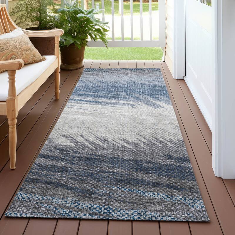 Machine Washable Indoor/ OutdoorAbstract Brushstrokes Chantille Rug - Denim - 2'3" x 7'6"