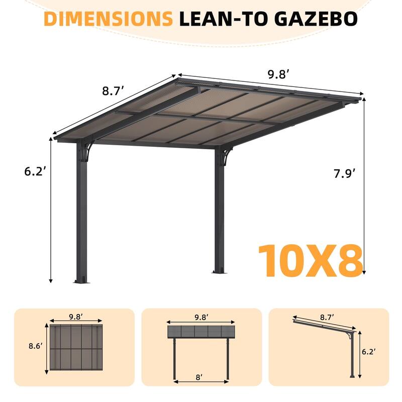AECOJOY Outdoor Freestanding Gazebo for Patio, Lean to Hard Top Gazebo Carport Shelter Pergolas and Gazebos Clearance with Roof - 10' x 8'