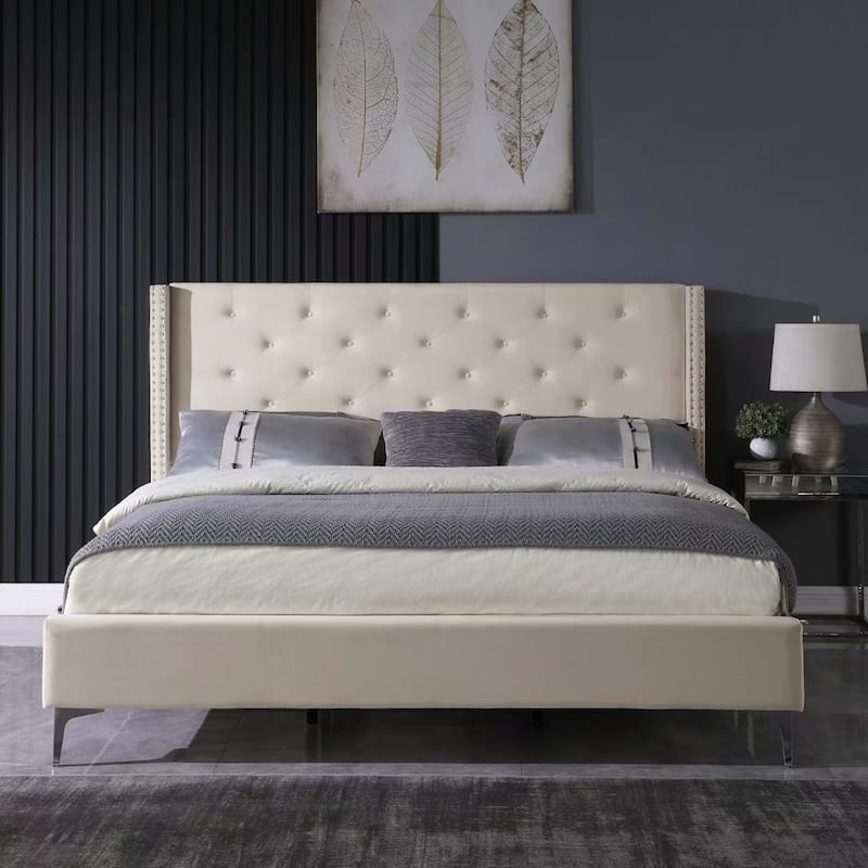 Morden Fort Queen-size Velvet Upholstered Platform Bed - Beige