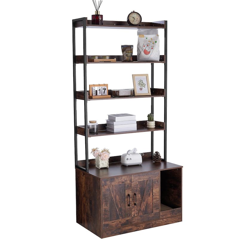 72.3-Inch Dark Brown Wooden Cat Litter Box Enclosure Furniture with 4 Shelves and Magnetic Door
