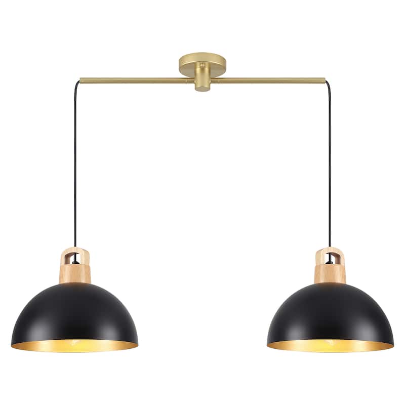 2-Light Metal Dome Hanging Foyer Pendant Light Island Chandelier for Dining Room - Black