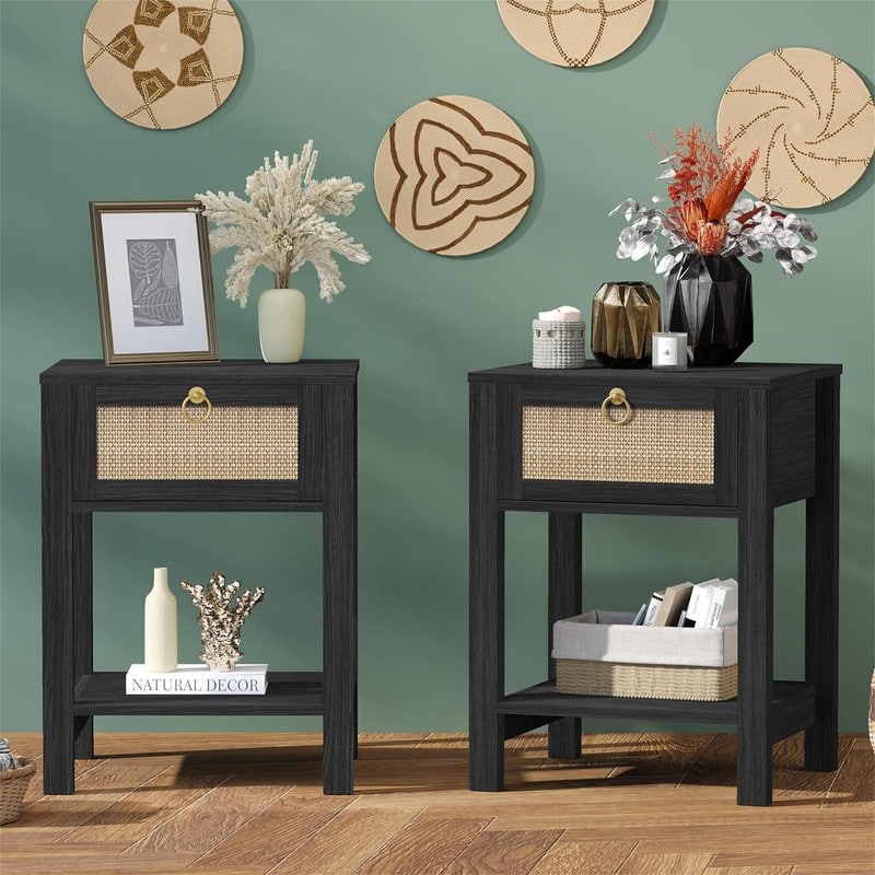 White Nightstand Set of 2 Rattan Decor Drawer - Black Oak
