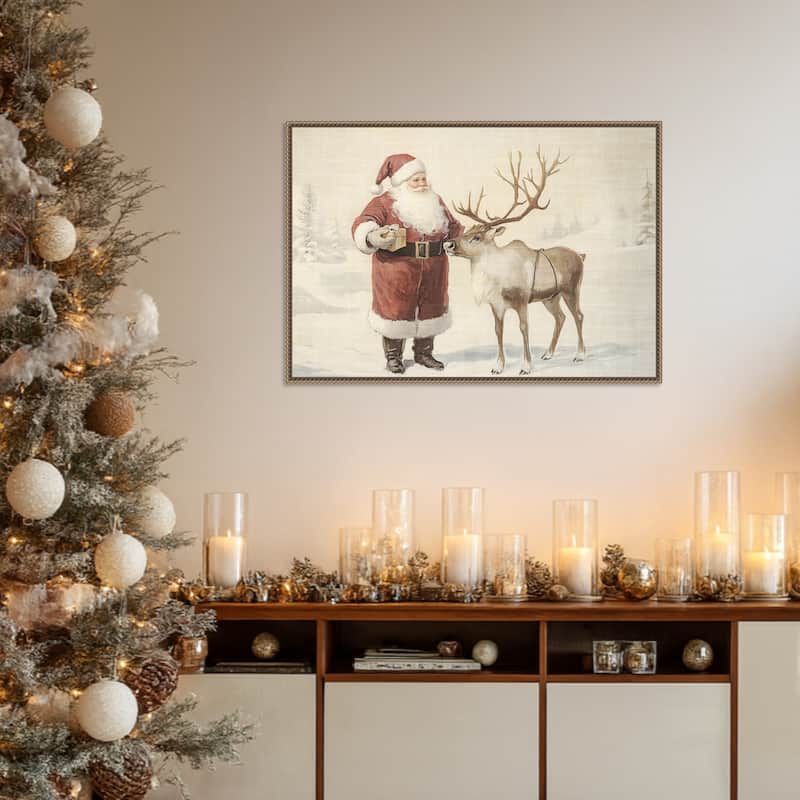 Santa Claus with Reindeer in Winter Wonderland by Melloi Art Prints Framed Canvas Wall Art Print - Sylvie Beaded Dark Gold