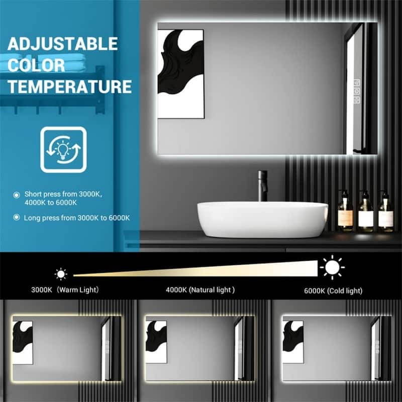 Clear Glass LED Vanity Mirror with Defog, Dimmable Light and Touch Control - 36” x 28”