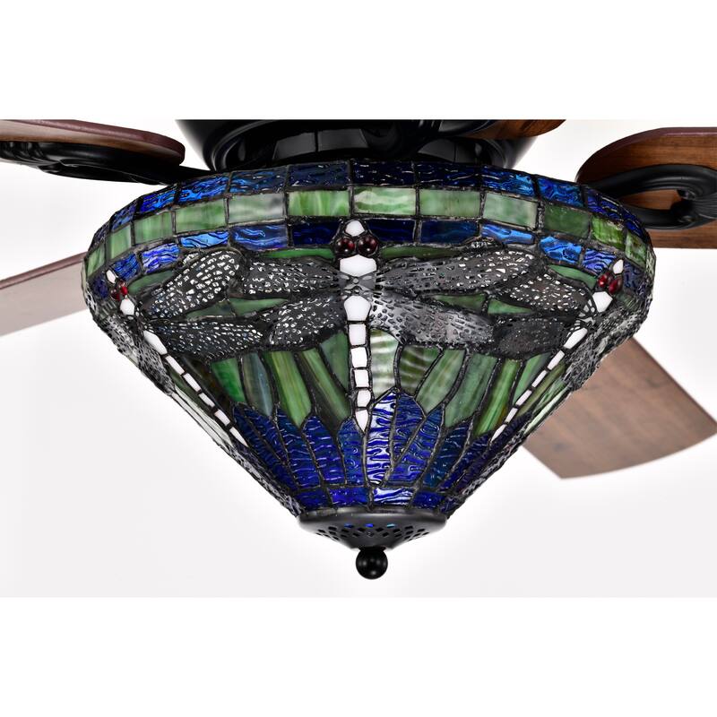 Penana 52-Inch Flushmount Lighted Ceiling Fan Green Blue Dragonfly Tiffany Glass Lamp Black Finish