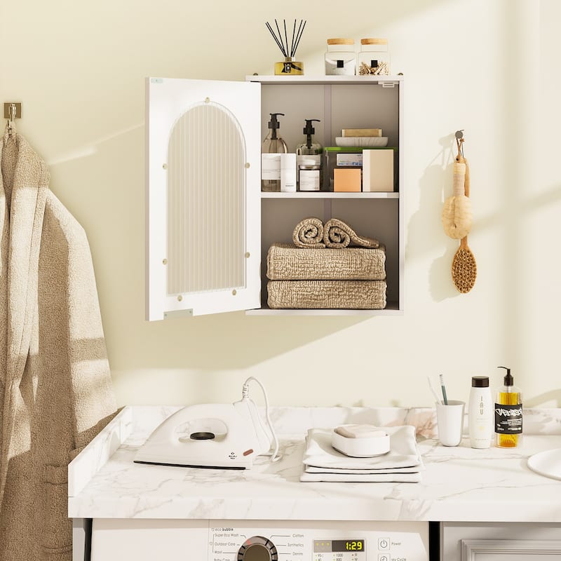 White Wall-Mount Bathroom Storage Cabinet with Tempered Glass Door and 3 Adjustable Shelves - 14" x 8" x 21"