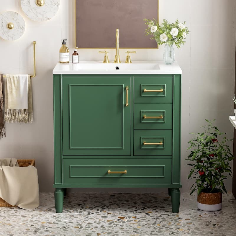 30" Bathroom Vanity with Ceramic Sink Combo, Soft-Close Door Bathroom Storage Cabinet with 3 Drawers
