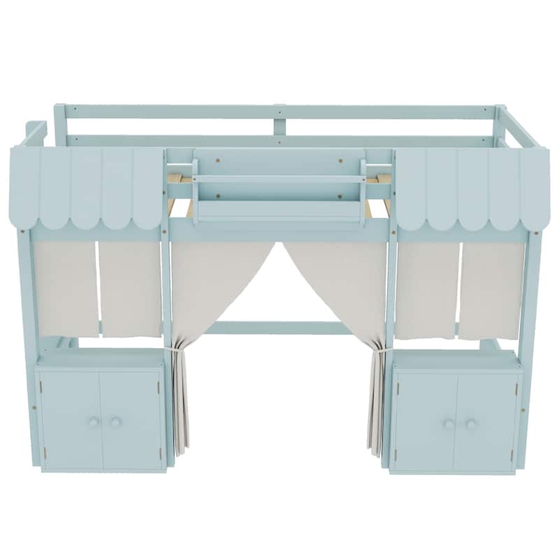 Fairy Tale Cottage Loft Bed with Tent, Bookshelf and Storage Cabinets