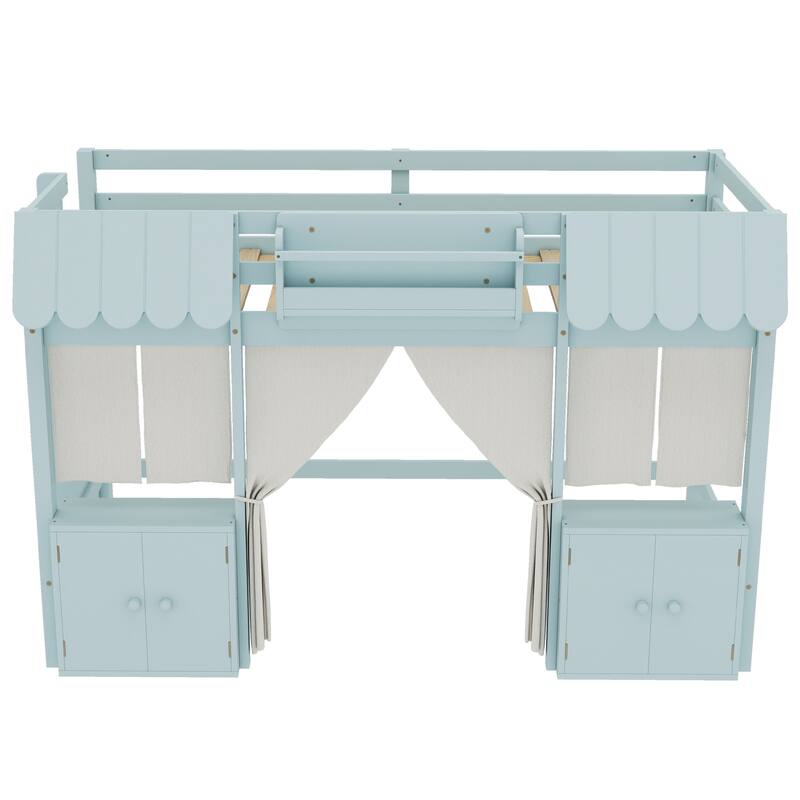 Roomfitters Low Loft Bed with Curtain and Storage, Solid Wood Cottage Frame with Bookshelf