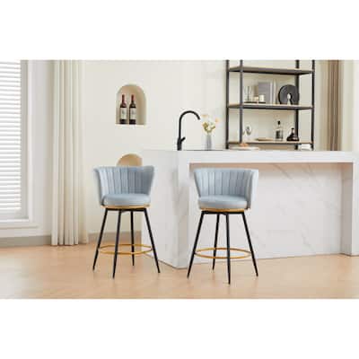 Set of 2 Contemporary Bar Stools with Rounded Padded Velvet Seat and Swivel Function