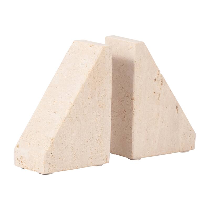 Modern Travertine Triangular Bookends - Decorative Book Ends - 5", Tan - 5.0"