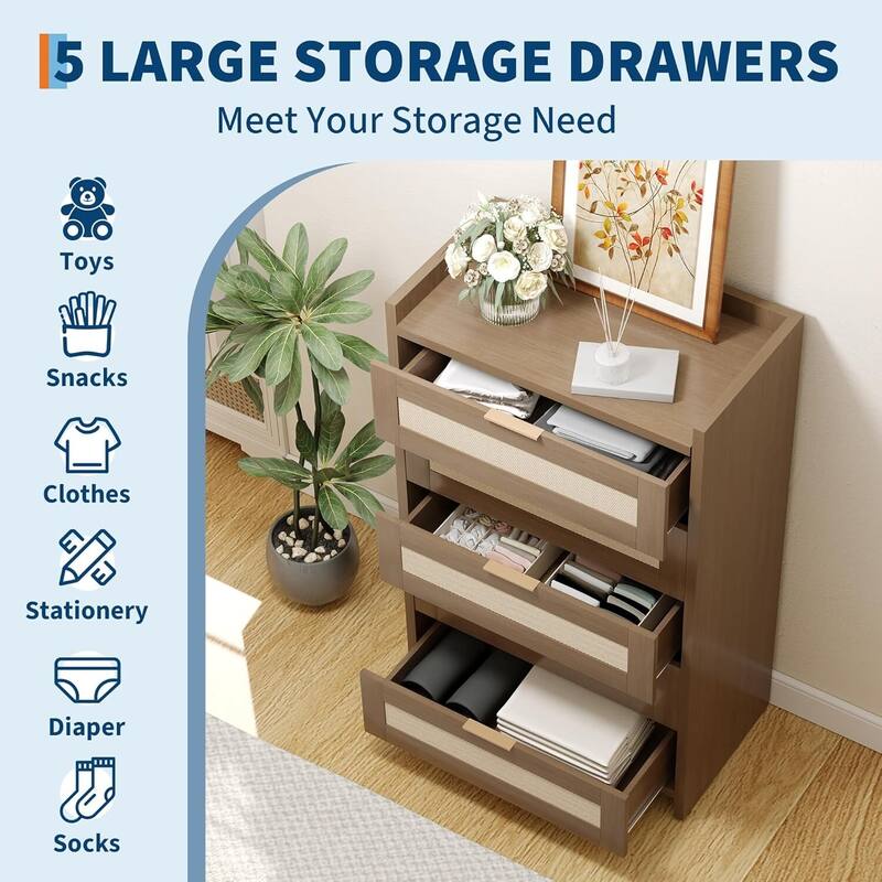 Boho 5 Drawer Dresser Storage Cabinet for Bedroom Living Room Hallway