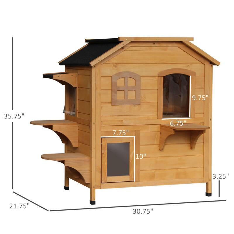 2-Story Outdoor Cat House with Weatherproof Slanted Roof and Escape Door