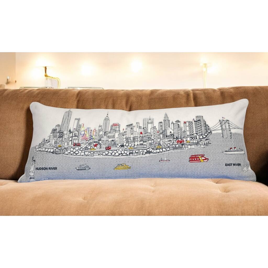 HomeRoots 35" White NYC Daylight Skyline Lumbar Decorative Pillow