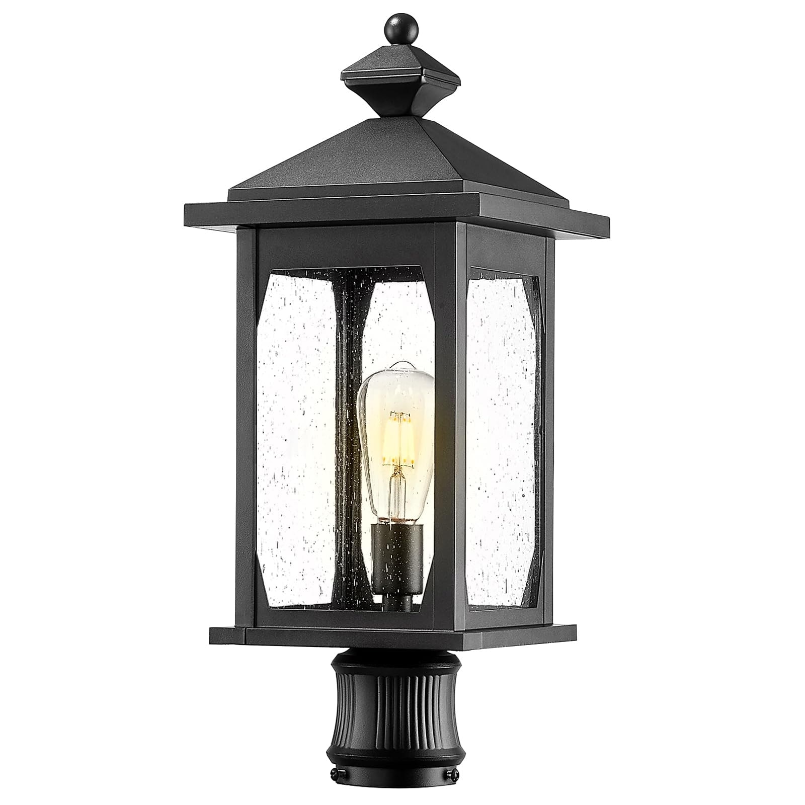 21" Black Farmhouse Post Light - Die-Cast Aluminum with Seeded Glass - Large