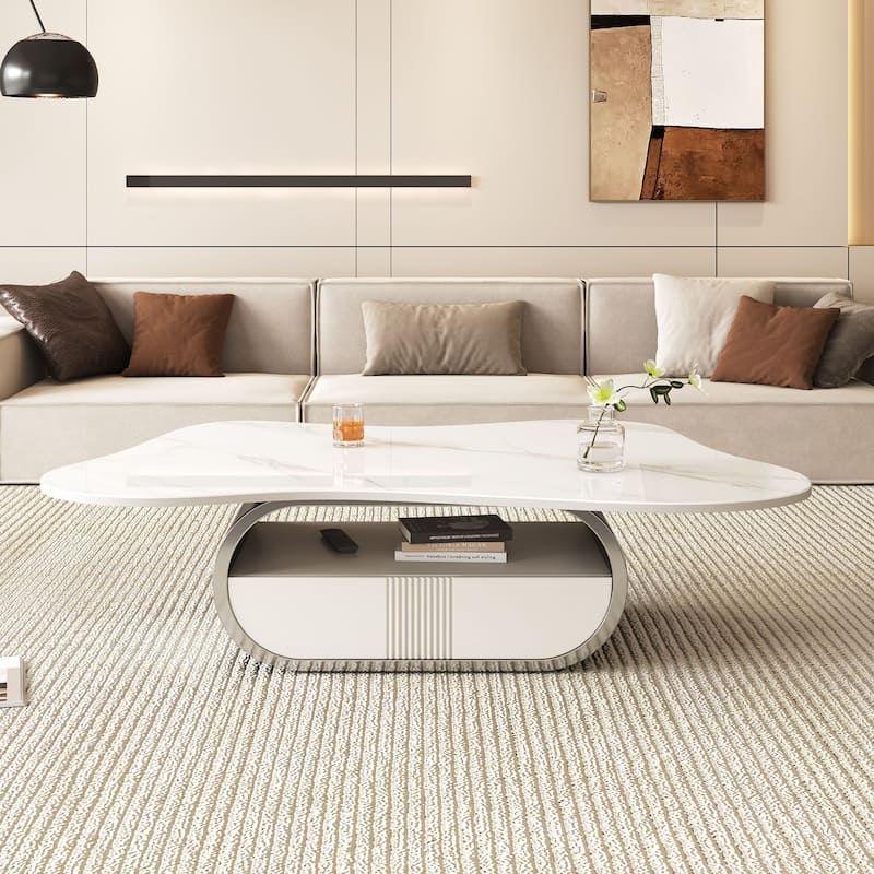 Butterfly Shape Coffee Table Center Table with Sintered Stone Top, Oval Stainless Steel Base, MDF Cabinet with Shelf and Drawer
