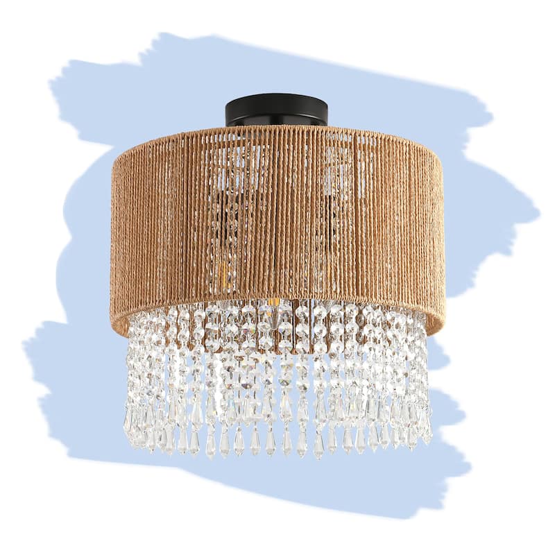 3 - Light Bohemian Rattan & Crystal Semi - Flush Mount Chandelier