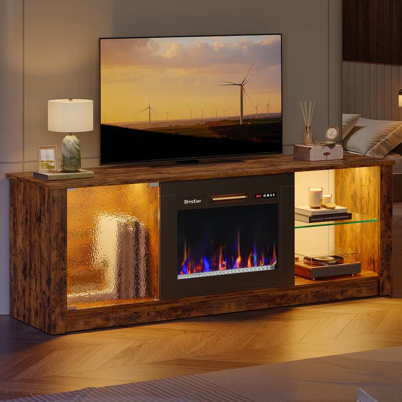 Bestier Fireplace TV Stand with 23" Electric Fireplace for TVs Up to 70 inch, LED Entertainment Center with Adjustable Shelf