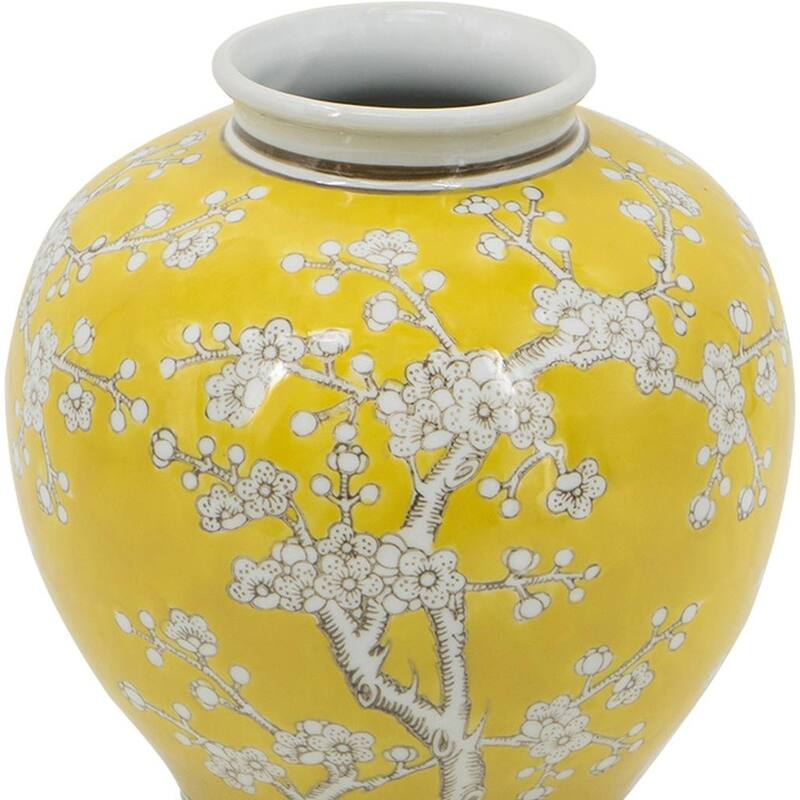 9" Yellow And White Chinoiserie Floral Porcelain Table Vase - 8.70