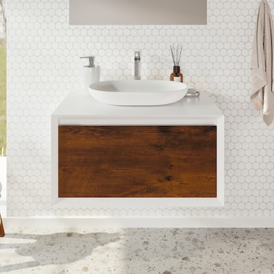 Eviva Santa Monica 30 inch Rosewood Wall Mount Bathroom Vanity with Acrylic Vessel Sink