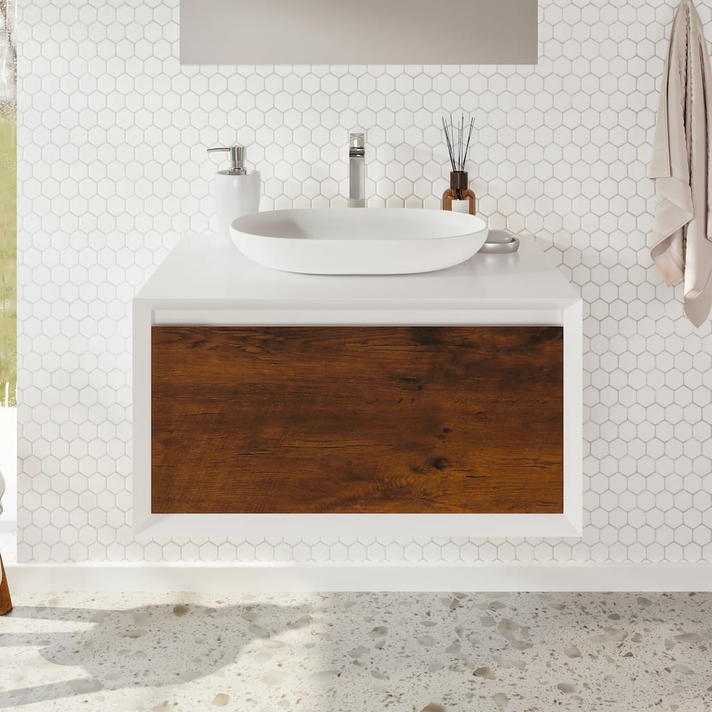 Eviva Santa Monica 30 inch Rosewood Wall Mount Bathroom Vanity with Acrylic Vessel Sink