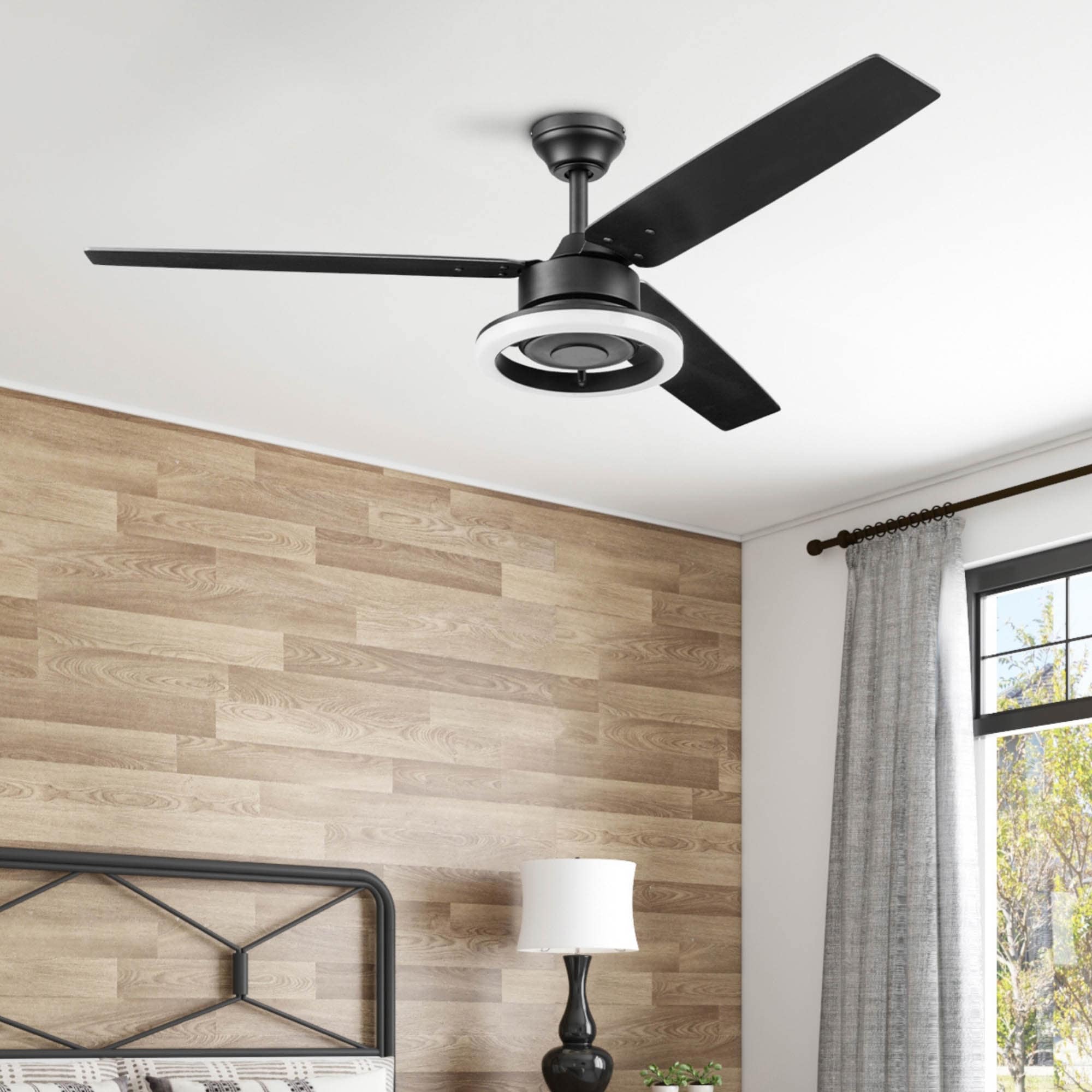 52" Prominence Home Orbis Matte Black Modern Indoor LED Ceiling Fan with Light, Remote Control