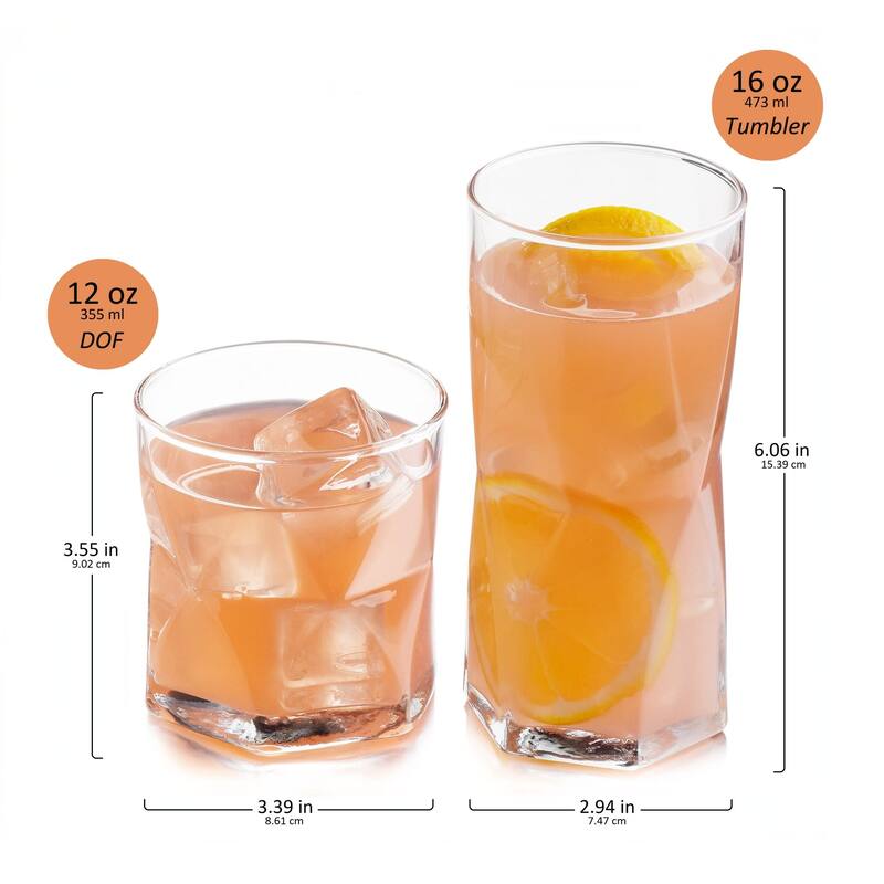 Libbey Rhombus 16-Piece Tumbler and Rocks Glass Set - Set of 16