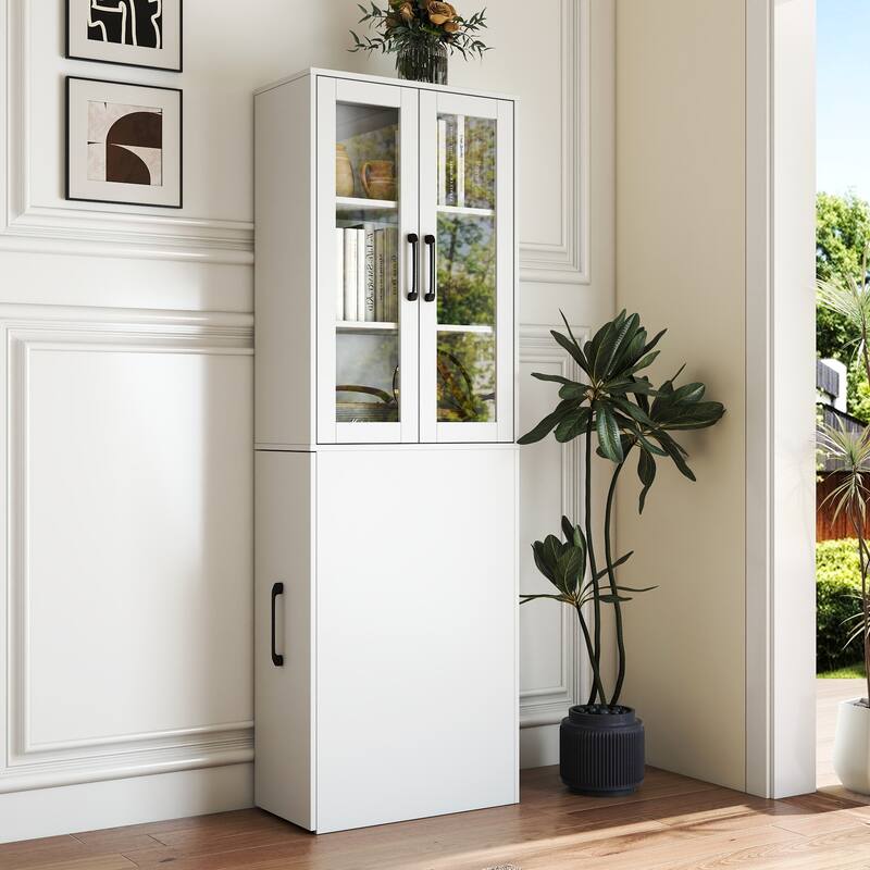 70.87 inch H Display Storage Cabinet 4 Tier Pull out Shelf 2 Glass Doors Modern Wooden Tall Bookshelf Living Room
