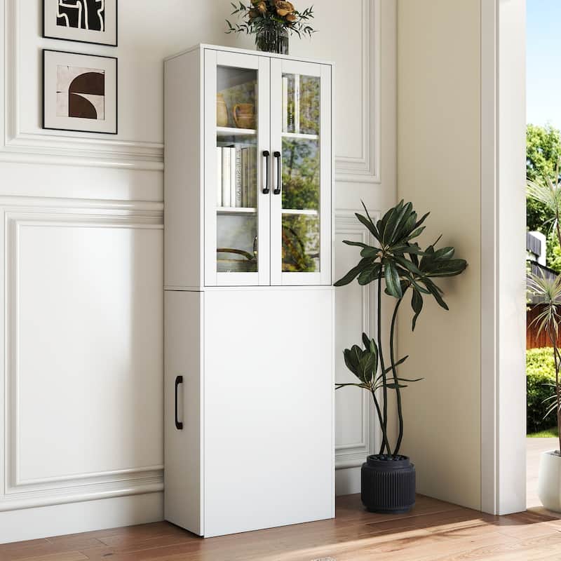 Glass Display Cabinet 3-Tier Bookcase for Collectibles, Wood Storage Cabinet with Door & 4-Tier Pull-Out Shelves for Living Room