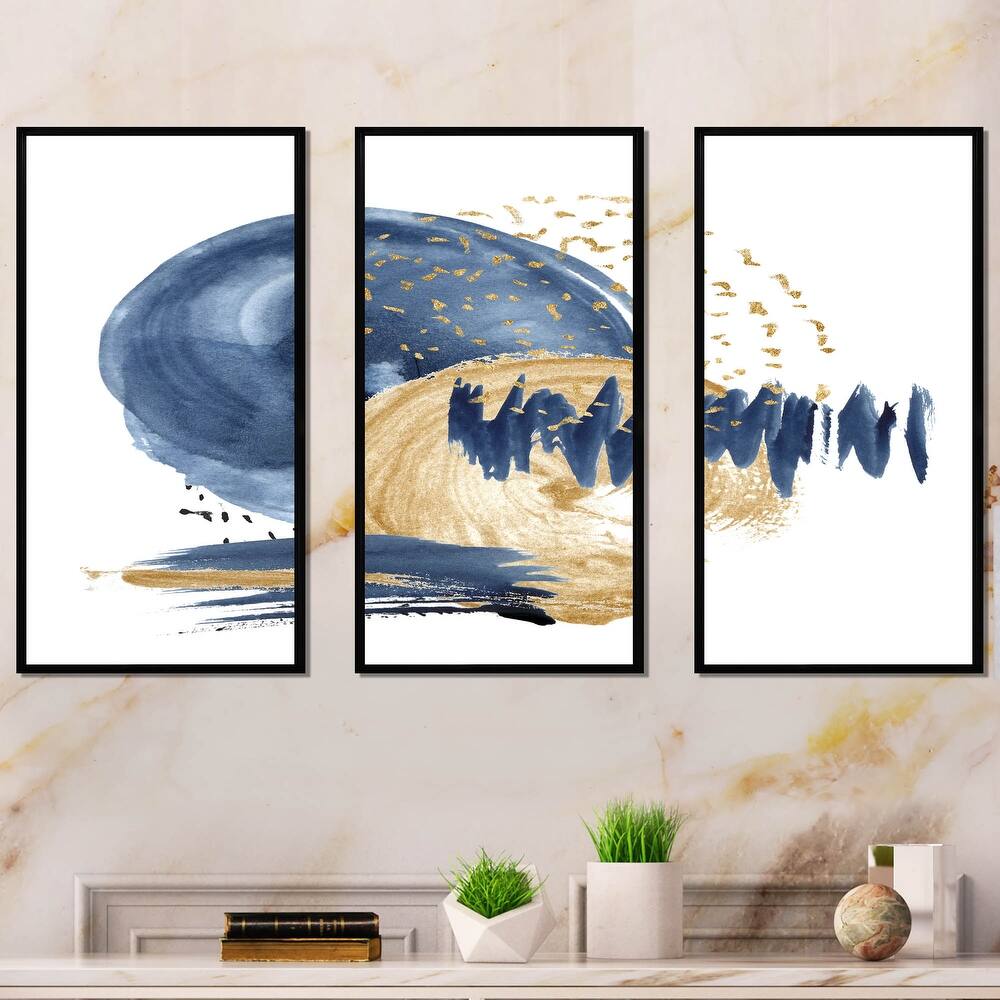 Designart "Dark Blue & Gold Abstract Circle Ocean Texture" Modern Framed Art Set of 3 - 4 Colors of Frames