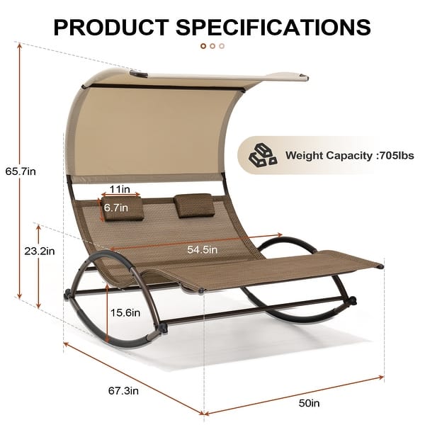dimension image slide 2 of 5, Outdoor Double Chaise Lounge Chair Rocking Lounger with Sunshade Canopy - 54.5"W*67.3"D*65.7"H