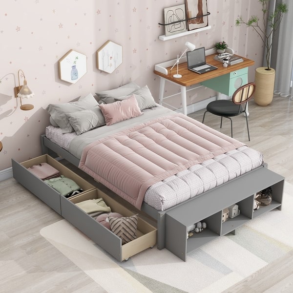 slide 2 of 14, Full Size Storage Bed w/ Storage Case, Storage Drawers for Kids, Teens Grey