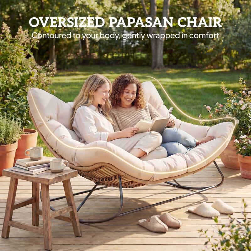 Outsunny Double Papasan Rocking Chair, Wicker Oversized Indoor Outdoor Rocking Chair with Cushion