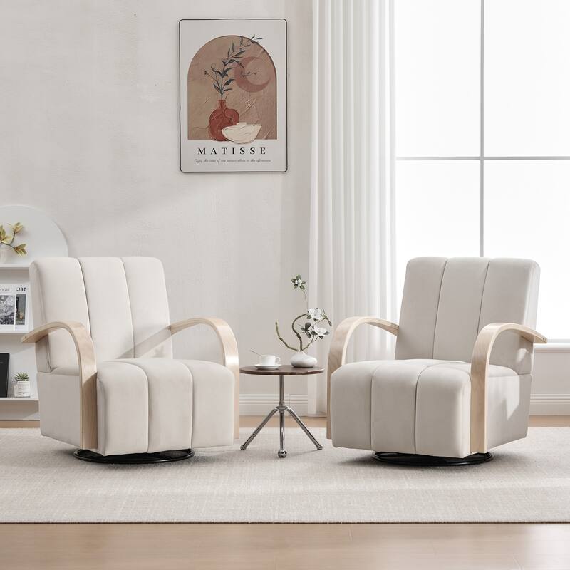 30.3"W Upholstered Swivel Accent Chair with Solid Wood Armrests, Channel Tufted Lounge Chair Single Reading Sofa Chair
