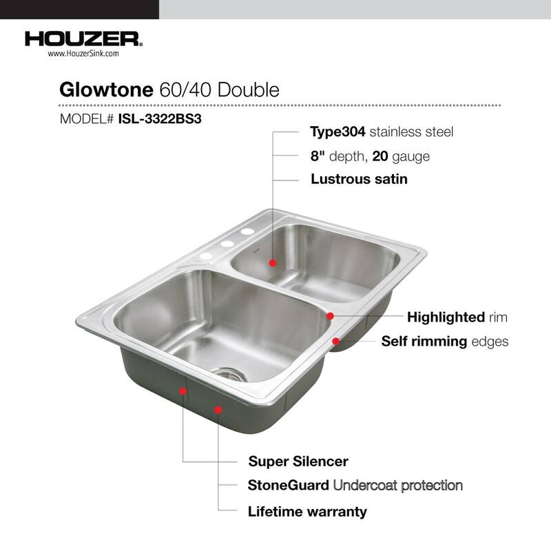 Houzer ISL-3322BS3-C Glowtone 33" Drop In Double Basin Stainless Steel - Stainless Steel
