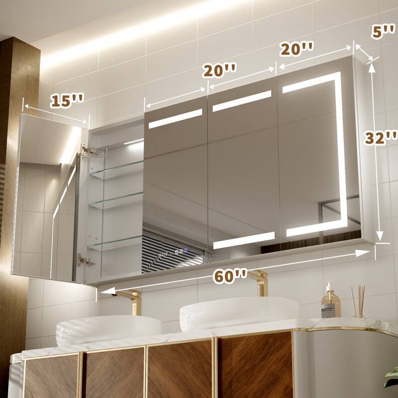 Modland 30"-60"W x 32"H Bathroom LED Medicine Cabinet with Mirror and Shelves, Defog and Stepless Dimming