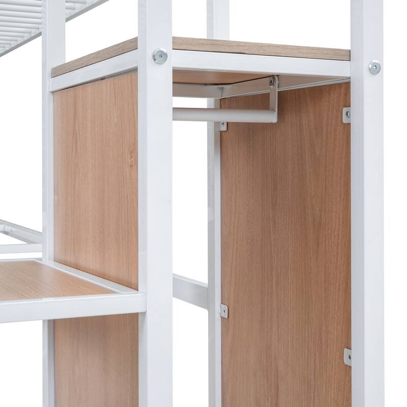 Twin Size Metal Loft Bed with Desk,Grid and Wardrobe