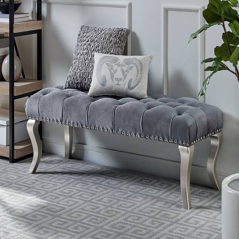 Tufted Fabric Upholstered Bench Nailhead Trim