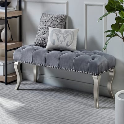 Tufted Fabric Upholstered Bench Nailhead Trim